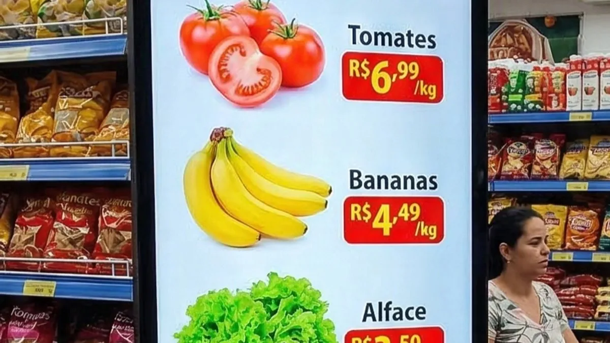 Tela vertical em setor de supermercado exibindo ofertas de produtos frescos