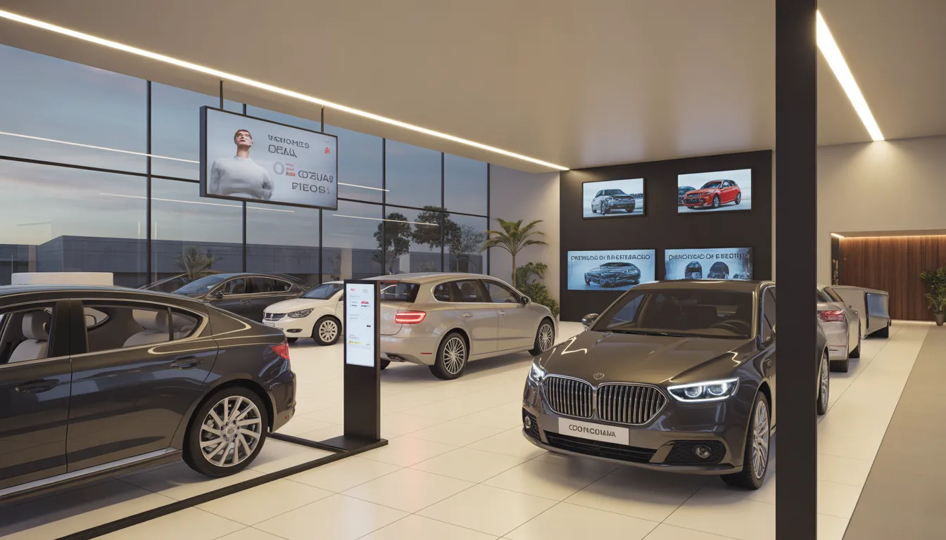 Concessionária com telas e totem digital exibindo veículos ao lado dos carros em exposição