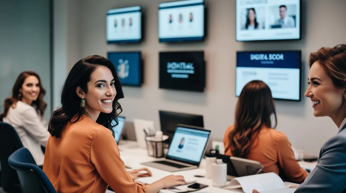 Escritório com telas na parede exibindo comunicados e indicadores para a equipe