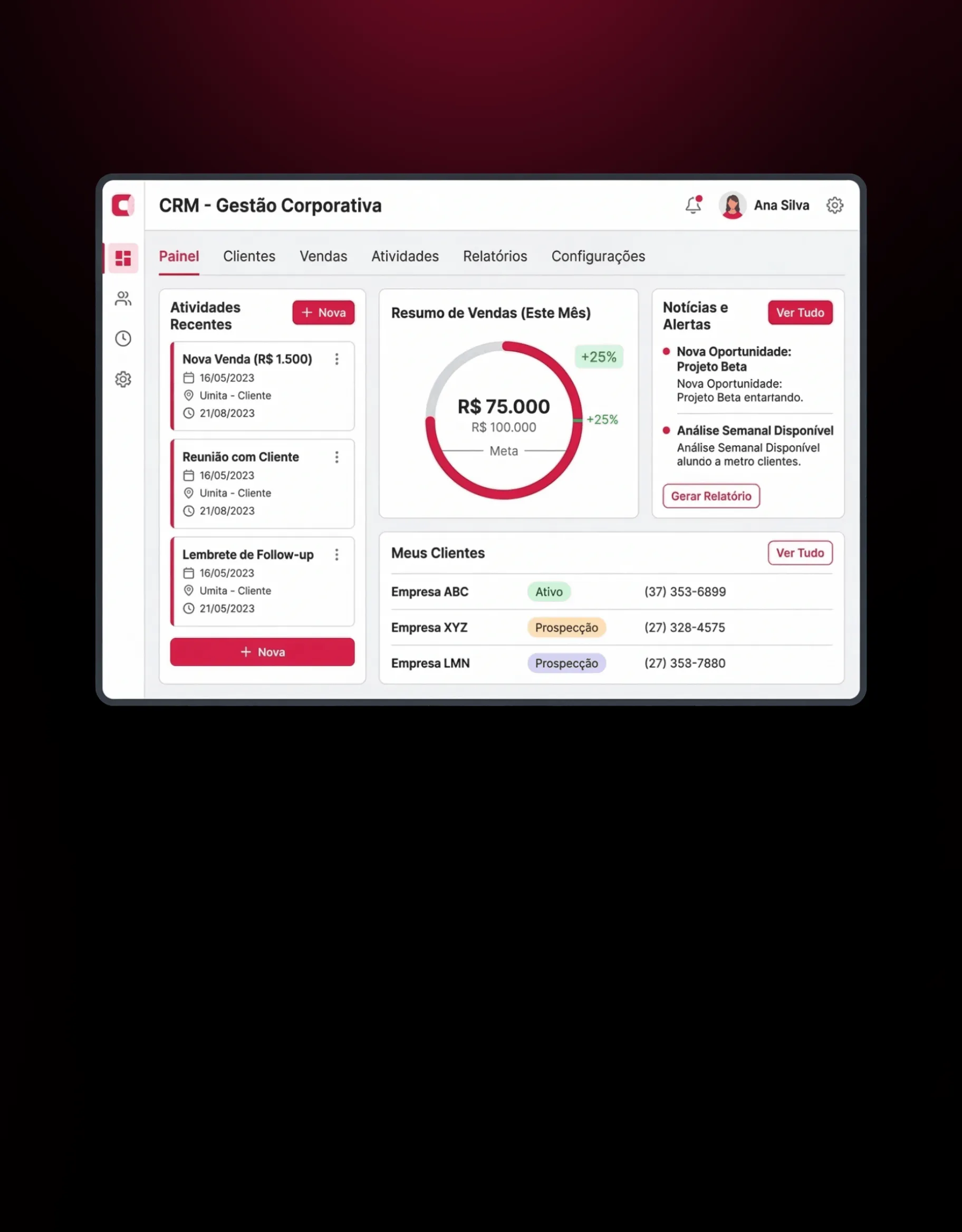 Tela exibindo painel de CRM com resumo de vendas e atividades recentes