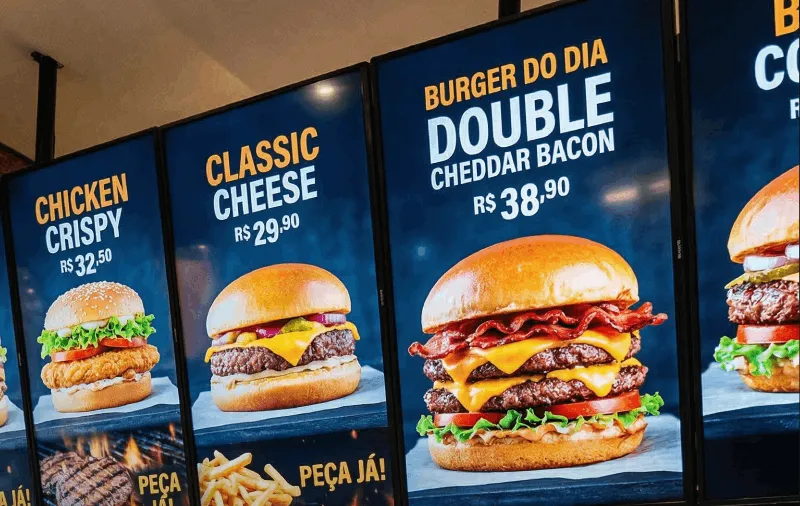 Painéis de menu digital em restaurante fast-food exibindo produtos e preços