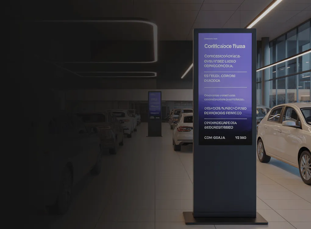 Totem digital vertical instalado no salão de uma concessionária, ao lado dos veículos