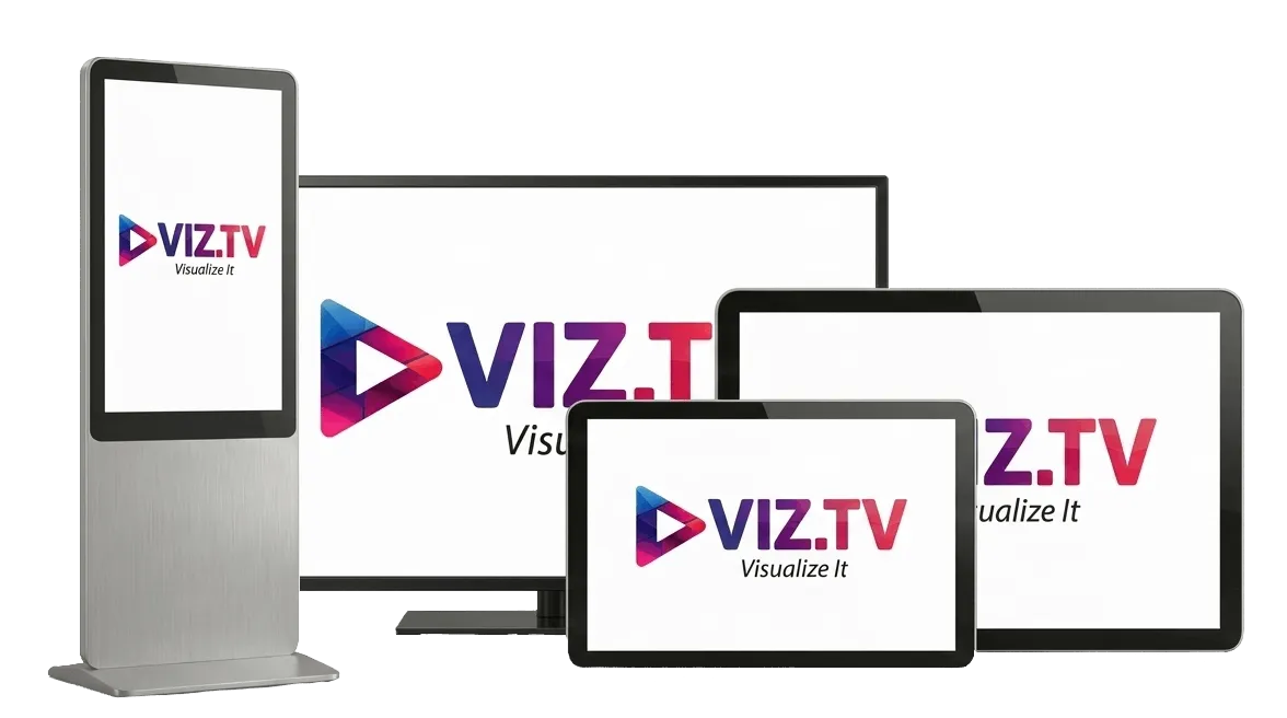 Totem, TV, tablet e celular exibindo a marca Viz.TV, representando a rede de telas gerenciada pela plataforma