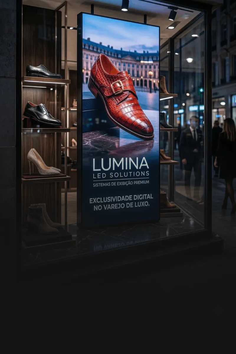 Tela vertical em vitrine de loja de calçados exibindo campanha de produto
