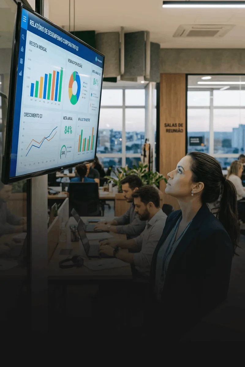Tela em escritório exibindo painel de indicadores para a equipe