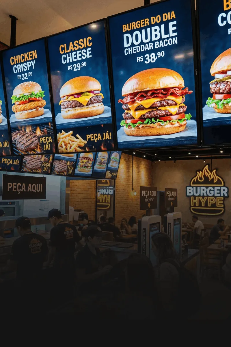 Painéis de menu digital em rede de fast-food exibindo produtos e preços