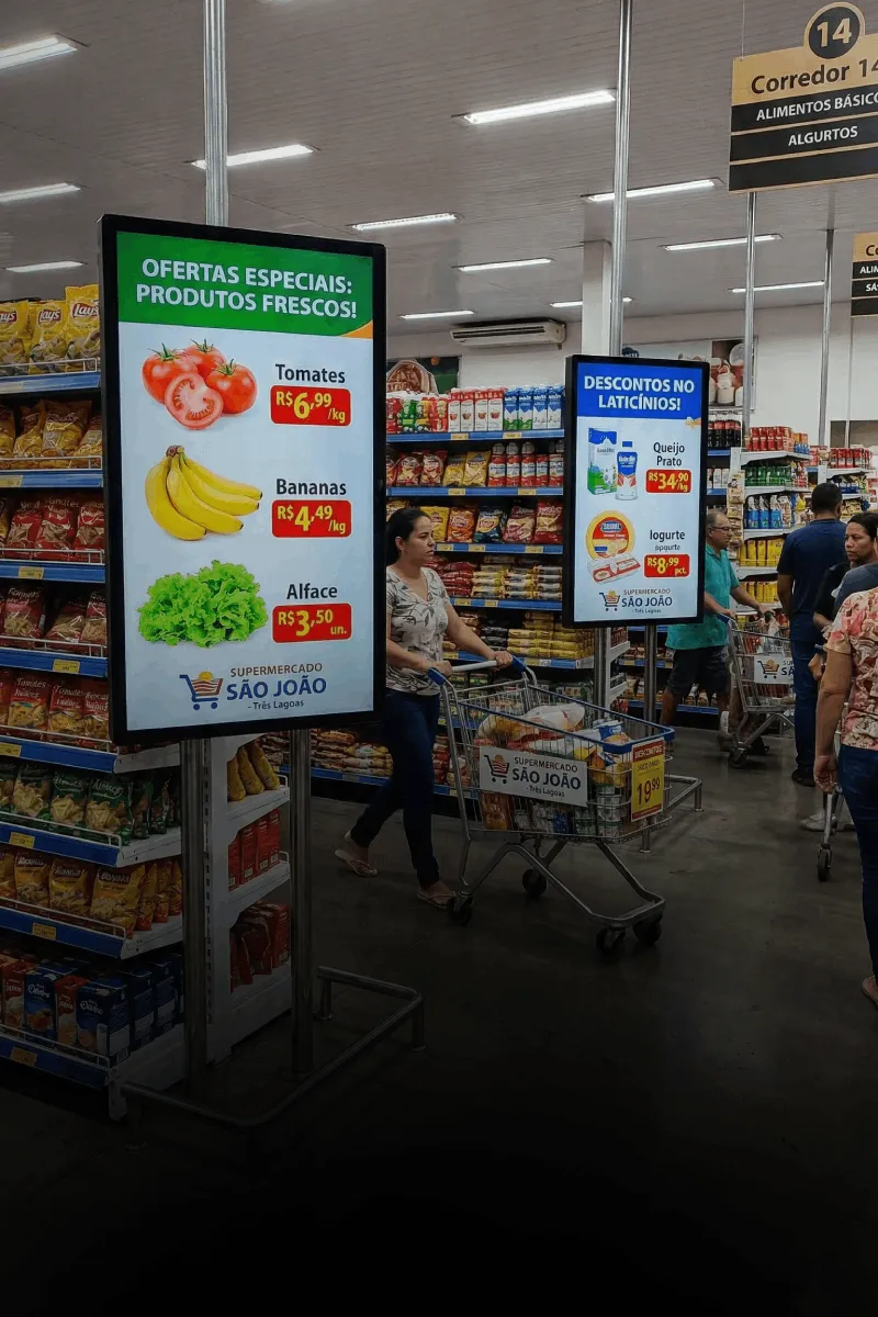 Telas em corredor de supermercado exibindo ofertas do dia