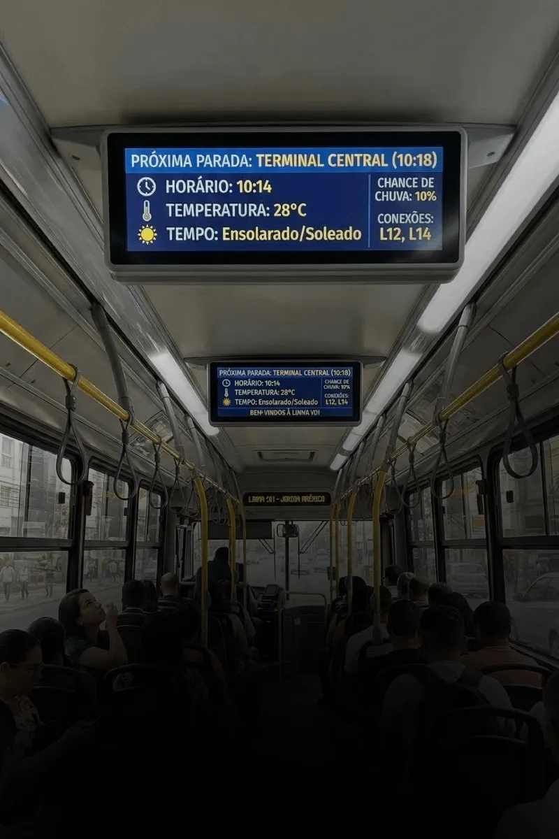 Tela no interior de ônibus exibindo próxima parada, horário e temperatura