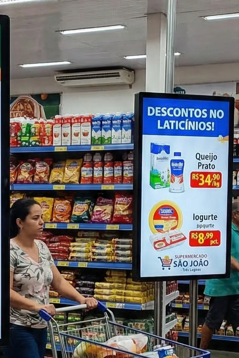 Tela vertical em corredor de supermercado exibindo descontos de laticínios
