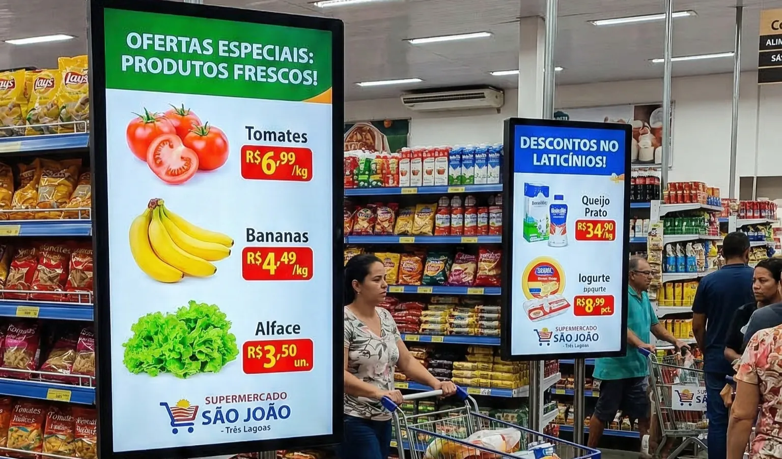 Tela em corredor de supermercado exibindo ofertas de tomate, banana e alface com preços