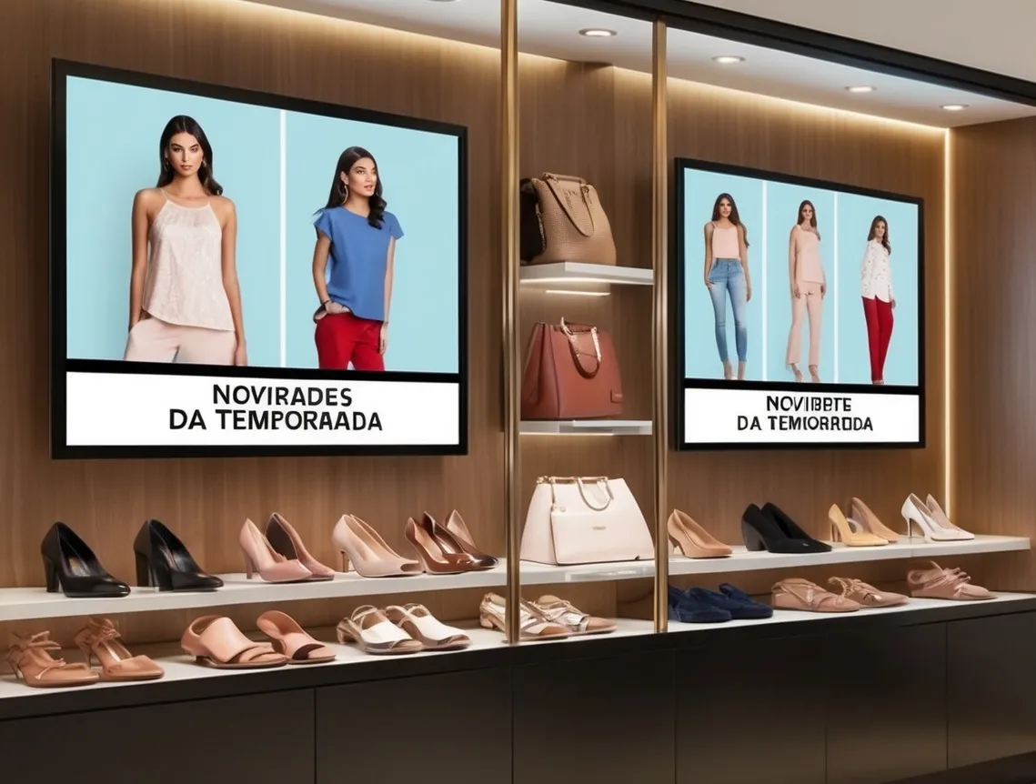 Telas verticais em loja de moda exibindo campanha de novidades da temporada